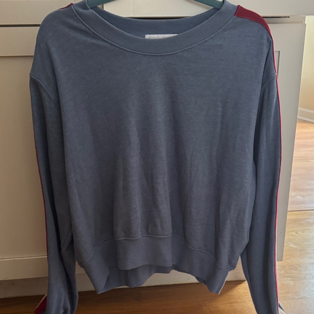 Blue Sweatshirt with Red, Gold (with sparkles!), and Blue Stripes on the Sleeve
